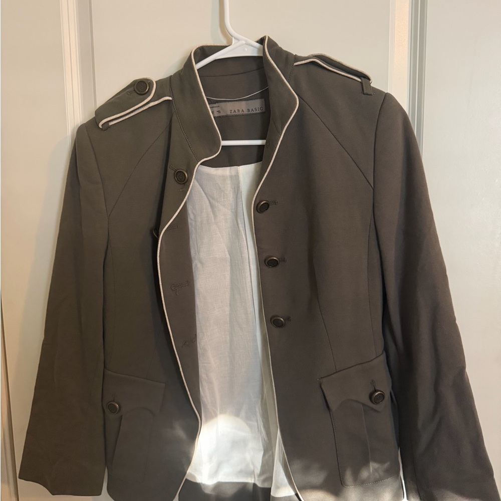 Zara Women's Olive Blazer with White Trim